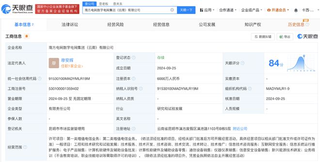 南方電網(wǎng)數(shù)字電網(wǎng)集團(tuán)云南公司成立，注冊(cè)資本6000萬(wàn)元布局?jǐn)?shù)字產(chǎn)業(yè)