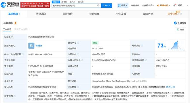螞蟻集團成立云帆科技，注冊資本1000萬布局計算機軟硬件零售